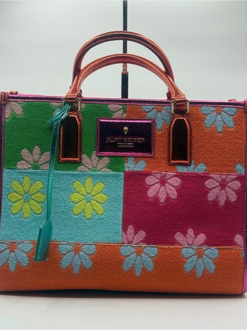 Kurt Geiger Colorblock Floral Patchwork Tote - Orange, Pink, Green, Aqua